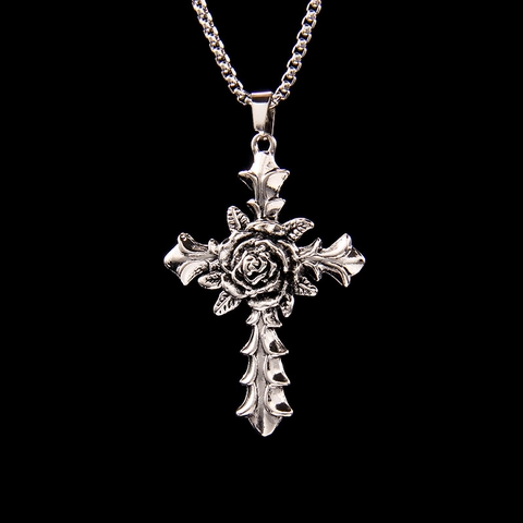 Collier Pendentif Croix Rose Gothique Vintage Chaîne Box en Acier Inoxydable Argent Antique Punk Hip Hop Homme Femme