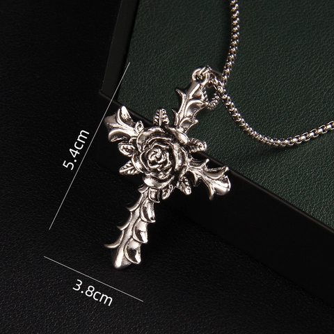 Collier Pendentif Croix Rose Gothique Vintage Chaîne Box en Acier Inoxydable Argent Antique Punk Hip Hop Homme Femme