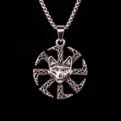 Collana con Ciondolo Testa di Lupo Slava Argento Antico Ruota Solare Slava Kolovrat Ciondolo Catena in Acciaio Inossidabile Unisex