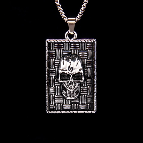 Collar con Colgante de Cráneo de Acero Inoxidable Punk Gótico para Hombre Mujer Textura Tejida Placa Rectangular Joyería Hip Hop
