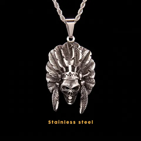 Stainless Steel Indian Chief Skull Pendant Necklace Vintage Punk Gothic Feather Headdress Tribal Jewelry Keel Twist Chain