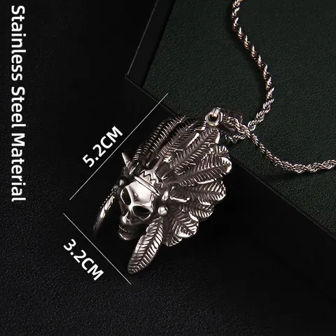 Stainless Steel Indian Chief Skull Pendant Necklace Vintage Punk Gothic Feather Headdress Tribal Jewelry Keel Twist Chain