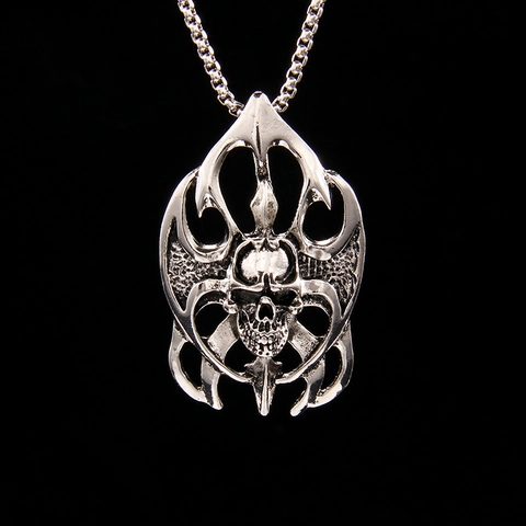 Punk Flame Skull Pendant Necklace For Men Women Gothic Antique Silver Alloy Stainless Steel Box Chain Hip Hop Jewelry