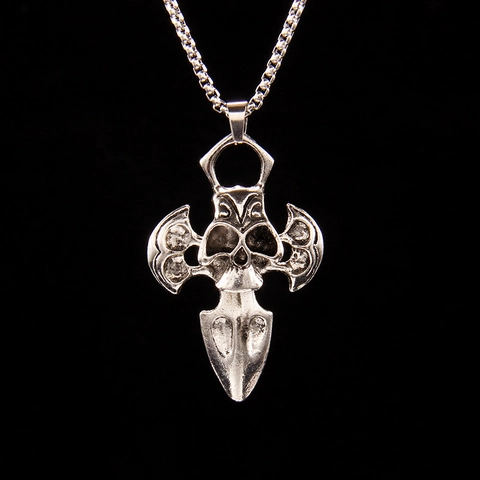 Collar Con Colgante De Hacha De Cruz De Calavera Gótica Punk Plata Retro Acero Inoxidable Cadena Larga Para Hombre Hip Hop Rock