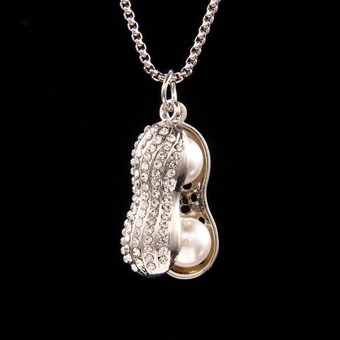 Unique Peanut Pendant Necklace Stainless Steel Alloy Rhinestone Artificial Pearl Inlay Long Sweater Chain Jewelry For Women Men