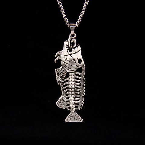 Collar de Pendiente de Esqueleto de Espina de Pescado Plata Antigua Punk Vintage Con Cadena de Acero Inoxidable Hombre