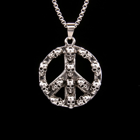 Collar Con Colgante de Calavera Signo de la Paz para Hombre Mujer Hip Hop Punk Cadena de Acero Inoxidable Aleación Retro