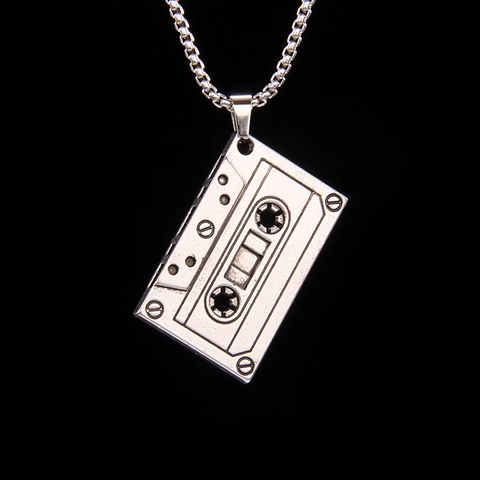 Collar con Colgante de Casete Vintage de los 80 para Hombre y Mujer Joyería de Cadena de Caja de Acero Inoxidable Plateado