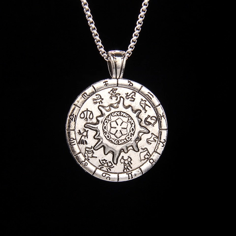 Vintage Bussola Solare Dodici Segni Zodiacali Ciondolo Collana Acciaio Inossidabile Catena Veneziana Argento Antico Unisex Hip Hop