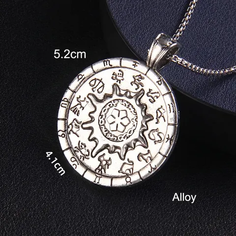 Vintage Bussola Solare Dodici Segni Zodiacali Ciondolo Collana Acciaio Inossidabile Catena Veneziana Argento Antico Unisex Hip Hop
