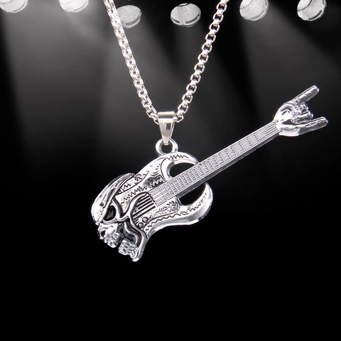 Collar de Colgante de Guitarra Calavera Hip Hop Rock Punk Cadena de Caja de Acero Inox Joyería de Instrumento Musical Hombre Mujer Plata