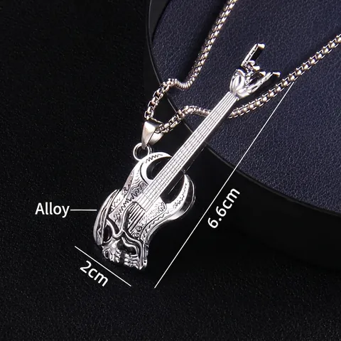 Collar de Colgante de Guitarra Calavera Hip Hop Rock Punk Cadena de Caja de Acero Inox Joyería de Instrumento Musical Hombre Mujer Plata