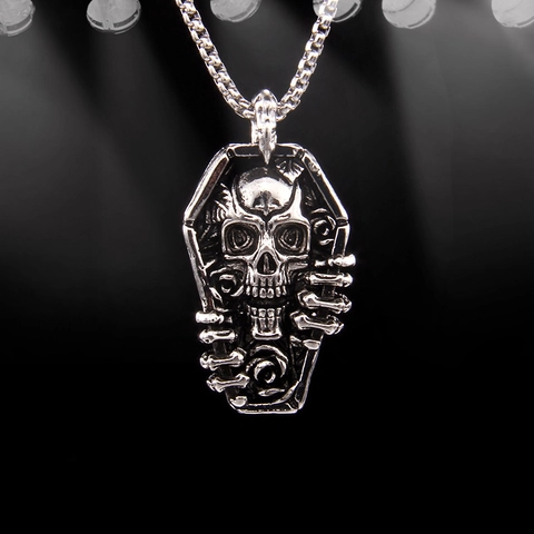 Collar de Colgante Ataúd Calavera Gothic Punk Acero Inoxidable Cadena de Caja Joyería Halloween Vintage Hombre Mujer