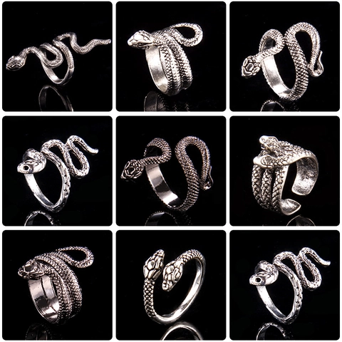 Vintage Punk Snake Ring Adjustable Gothic Alloy Antique Silver Animal Wrap Open Finger Ring For Men Women Fashion Jewelry