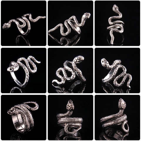 Vintage Punk Snake Ring Adjustable Gothic Alloy Antique Silver Animal Wrap Open Finger Ring For Men Women Fashion Jewelry