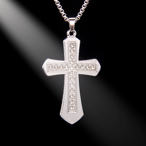 Hip Hop Kruis Hanger Halsketting Roestvrij Staal Legering Strass Ingelegde Lange Trui Ketting Voor Heren Dames Religieuze Sieraden
