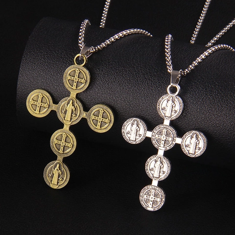 Collar con Colgante de Cruz de San Benito Gótico Vintage para Unisex Cadena Larga de Acero Inoxidable Joyería Religiosa