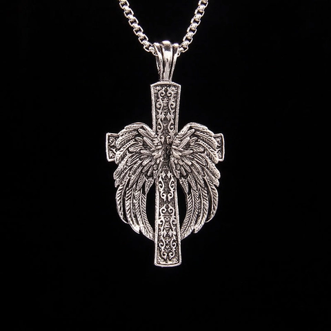 Collar de Colgante de Cruz y Alas de Ángel de Aleación y Acero Inoxidable Vintage Joyería Gótica Envejecida para Hombre Mujer