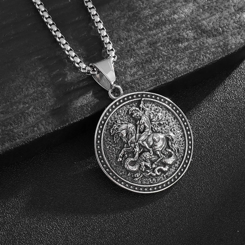 Medieval Retro Stainless Steel Saint George Dragon Slayer Knight Pendant Necklace Relief Coin Charm Jewelry For Men Women