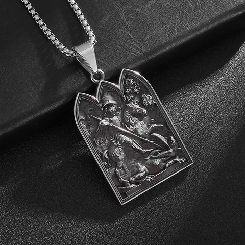 Middeleeuwse Sint Joris en de Draak Reliëf Hanger Ketting Titanium Staal Hip Hop Gothic Heren Sieraden Goud Zilver Kettingen