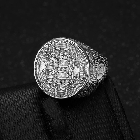 Anello Sigillo Bitcoin Hip Hop da Uomo in Acciaio al Titanio Con Strass Logo B Crittovaluta Punk Circuiti Gioielli Regalo