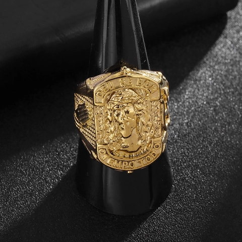 Hip Hop Men Titanium Steel Gold Plated Religious Jesus Portrait Seal Ring Vintage Praying Hands Letter Carved Jewelry
