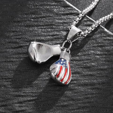 Hip Hop Titanium Steel Polished Double Boxing Glove Pendant Necklace With American Flag Design For Men Personalized Jewelry
