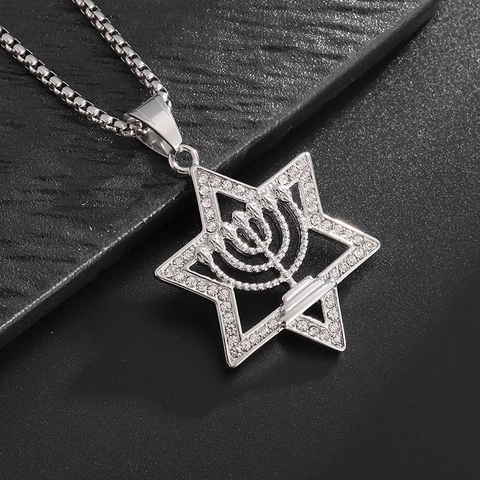 Hip Hop Stainless Steel Gold Plated Rhinestone Star Of David Pendant For Men Menorah Hexagram Religious Fashion Jewelry Accessories