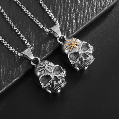 Retro Titanium Steel Skull Guardian Bell Pendant For Motorcycle Riders Punk Gothic Maple Leaf Decoration Necklace Jewelry
