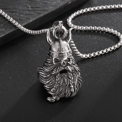 Collana con Ciondolo a Campanella Teschio Vichingo Retro Odin Elmo Coronato Acciaio al Titanio Gioielli Biker Uomo