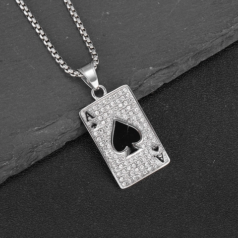 Collana con Ciondolo Asso di Picche Poker Hip Hop in Acciaio Inossidabile con Strass Placcato Oro Argento Gioielli Street per Uomo Donna