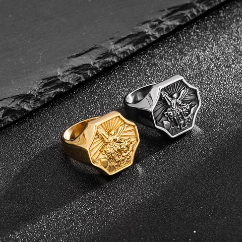 Anello Sigillo Uomo Acciaio Inossidabile Vintage Arcangelo San Michele Rilievo Religioso Retro Gioielli Geometrici Esagonali Oro Argento