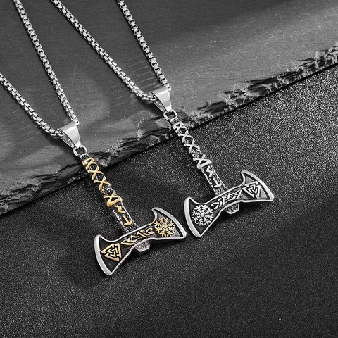 Collana Pendente Ascia Vichinga Nordica Vintage Acciaio Inossidabile Rune Valknut Punk Gioielli Uomo Accessori