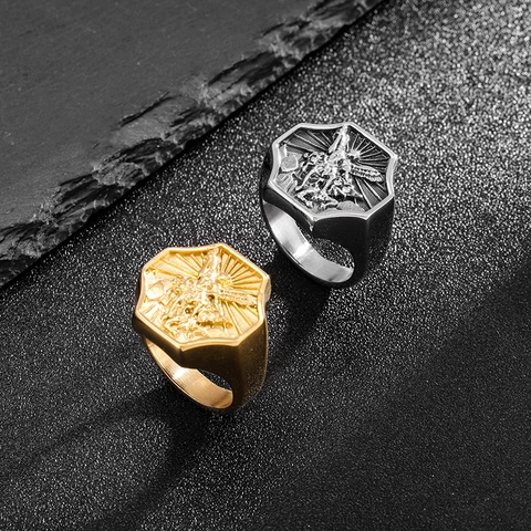 Anello Sigillo Uomo Acciaio Inossidabile Vintage Arcangelo San Michele Rilievo Religioso Retro Gioielli Geometrici Esagonali Oro Argento