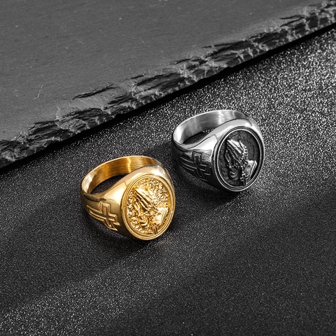 Anello da Uomo Hip Hop in Acciaio Inossidabile Mani in Preghiera Croce Oro Argento Placcato Gioielli Religiosi Regalo