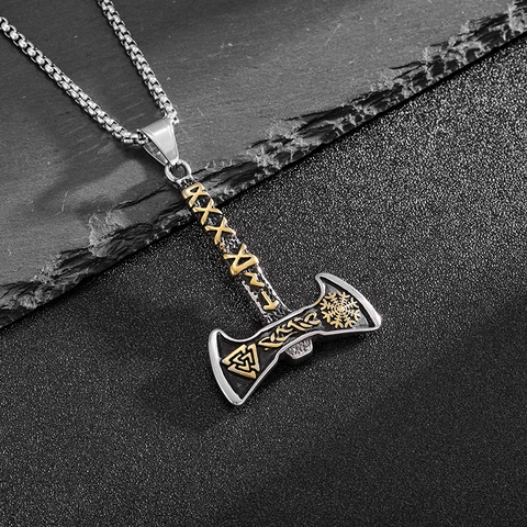 Collana Pendente Ascia Vichinga Nordica Vintage Acciaio Inossidabile Rune Valknut Punk Gioielli Uomo Accessori
