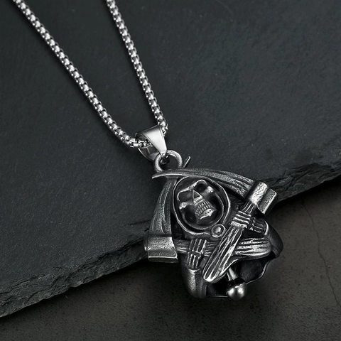 Collana Retrò in Acciaio Inossidabile con Ciondolo a Campana Teschio Parca Falce Gioielli Punk Biker per Uomo Unisex