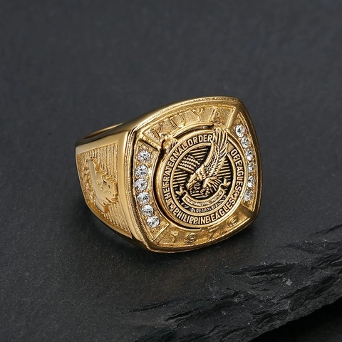 Stainless Steel Gold Plated Eagle Signet Ring With Rhinestones Fraternal Order Of Eagles Men Retro Statement Jewelry