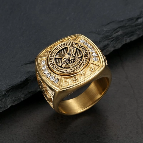 Stainless Steel Gold Plated Eagle Signet Ring With Rhinestones Fraternal Order Of Eagles Men Retro Statement Jewelry