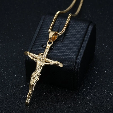 Collar de Colgante de Cruz de Crucifijo de Jesús de Acero Inoxidable Hip Hop Oro Plata Galvanizado al Vacío Joyería Religiosa
