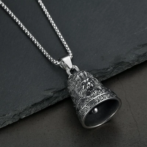 Collana con Pendente a Campana Guardiana Testa di Leone in Acciaio Inossidabile Motivo Arabesco Retro Gioielli Biker per Uomo Donna