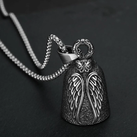 Collana con Ciondolo a Campana Angelo Custode Biker in Acciaio Inossidabile Vintage per Uomo Campana di Esorcismo a Rilievo Gioielli Moto