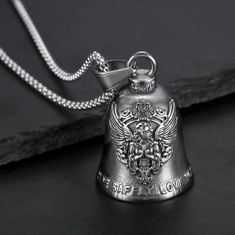 Angel Guardian Biker Bell Stainless Steel Pendant Necklace Ride Safely Love Motorcycle Bell Vintage Punk Jewelry Amulet Gift