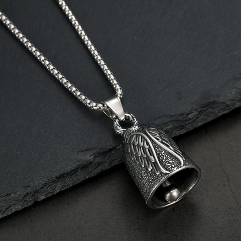 Collana con Ciondolo a Campana Angelo Custode Biker in Acciaio Inossidabile Vintage per Uomo Campana di Esorcismo a Rilievo Gioielli Moto