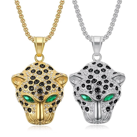 Collana con Pendente a Testa di Leopardo in Acciaio Inossidabile Hip Hop per Uomo Donna Gioielli Panther con Strass