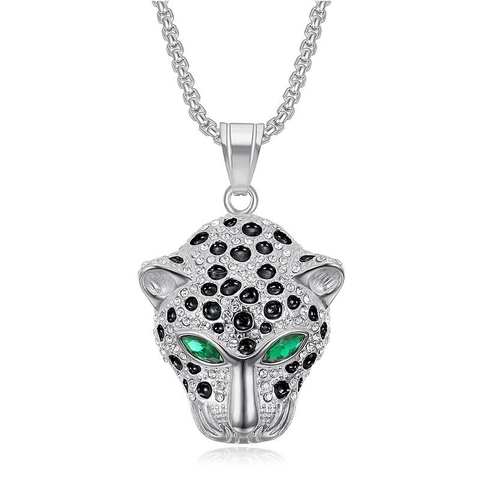 Collana con Pendente a Testa di Leopardo in Acciaio Inossidabile Hip Hop per Uomo Donna Gioielli Panther con Strass
