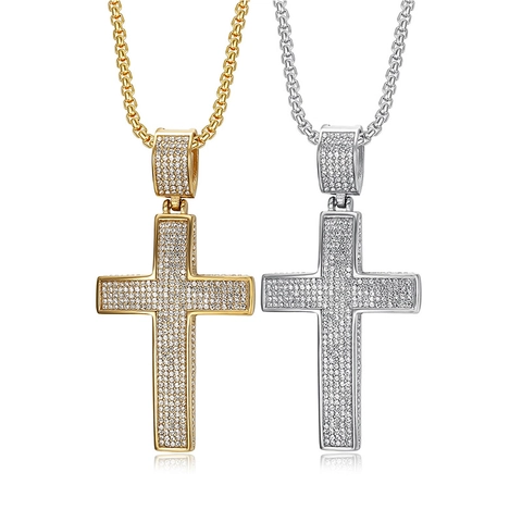 Hip Hop Stainless Steel Rhinestone Cross Pendant Necklace For Men Women Vacuum Plated Box Chain Fashion Iced Out Jewelry