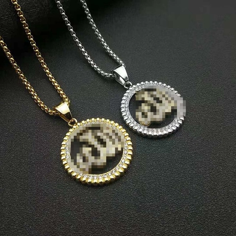 Hiphop Roestvrij Staal Allah Calligrafie Ronde Hanger Ketting Voor Mannen Vrouwen Goud Zilver Strass Sieraden