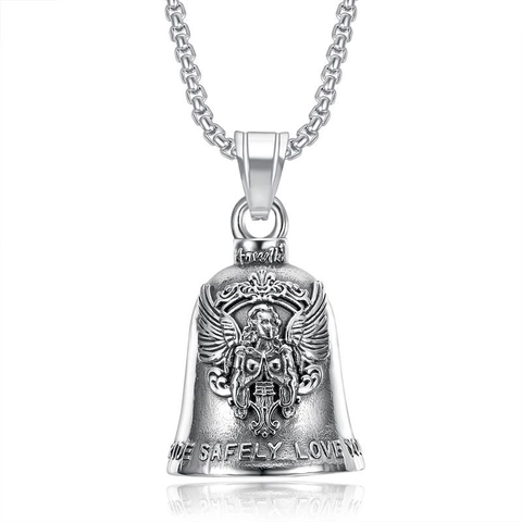 Angel Guardian Biker Bell Stainless Steel Pendant Necklace Ride Safely Love Motorcycle Bell Vintage Punk Jewelry Amulet Gift