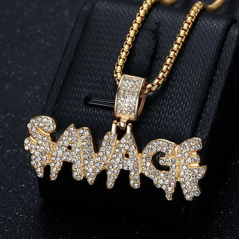 Collana con Pendente Lettera SAVAGE Hip Hop in Acciaio Inossidabile con Strass Iced Out Catena per Uomo Donna Gioielli Streetwear